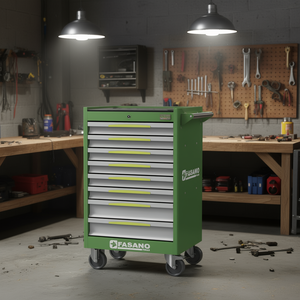 Chariot à outils roulant Fasano Tools à 10 tiroirs, armoire en acier vert avec roues pour le rangement en atelier - Product Image 3