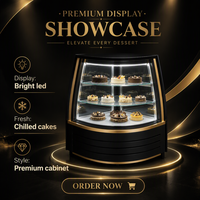 Vitrine de boulangerie d'angle réfrigérée sur mesure, noir mat et or, avec verre incurvé, éclairage LED et 3 étagères