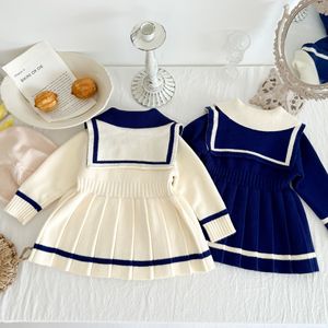 Autunno inverno neonato maglione pieghettato vestito lavorato a maglia bambino contrasto colore manica lunga colletto marinaio abito bambine abiti - Product Image 2
