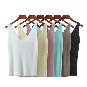 Nouveau débardeur en maille col en V en soie glacée pour femme, sous-vêtement grande taille, couleur unie, rose bébé, bleu Nil, ciel étoilé, obsidienne - Product Image 5