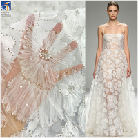 Tissu en dentelle brodée de fleurs en maille YX2284, blanc, en polyester, avec perles et paillettes