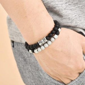 Men's Black Beaded <b>Bracelets</b> <b>Set</b> With Rhinestone Ball Charms Hiphop Style Alloy Jewelry Gift - Product Image 2