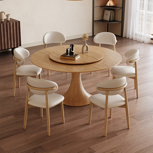 Juego de comedor redondo contemporáneo con <span class=keywords><strong>Lazy</strong></span> <span class=keywords><strong>Susan</strong></span> giratorio, base de pedestal de madera maciza y sillas acolchadas para espacios de vida elegantes - Product Image 2
