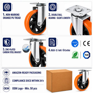 Roulettes pivotantes en PU orange robustes de 1,5 à 5 pouces avec frein, non-marquantes, industrielles, zinguées pour chariot, chariot à roulettes, établi - Product Image 2