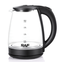 Bouilloire électrique en verre RAF 1500W, taille familiale, capacité de 2L, action de chauffe rapide, base pivotante stable à 360 degrés