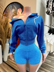 Viviblook Z414ST Women Fitness Sports Shorts Set Washed Zippered Hooded Jacket Top Shorts Tracksuit Two Piece Set for Ladies - Product Image 6