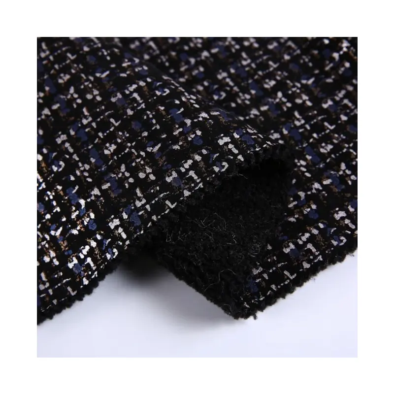 Heavyweight Fantasy Black Suede Bonded 100% Polyester Print Wool Tweed Fabric With Fur For Women Coat Garment