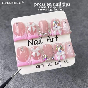 10 Uds forma de pico de pato prensa corta en puntas Icy Blush <span class=keywords><strong>manicura</strong></span> <span class=keywords><strong>francesa</strong></span> <span class=keywords><strong>con</strong></span> acentos de lazo dulce uñas postizas rosas hechas a mano - Product Image 1