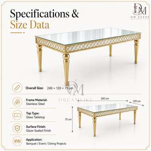 Luxury Stainless Steel Glass Top <b>Dining</b> Table Set with Upholstered <b>Chairs</b> for Wedding Banquet Event Wholesale - Product Image 5