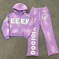 Ensembles de survêtements unisexes délavés à l'acide avec patchs brodés personnalisés, pantalons zippés pour hommes, sweat-shirts avec impression de logo