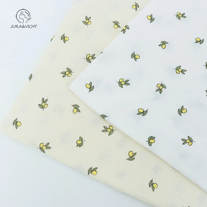 Tecido de pijama infantil de musselina de algodão macio com estampa floral de limão 100 algodão gaze dupla para vestuário