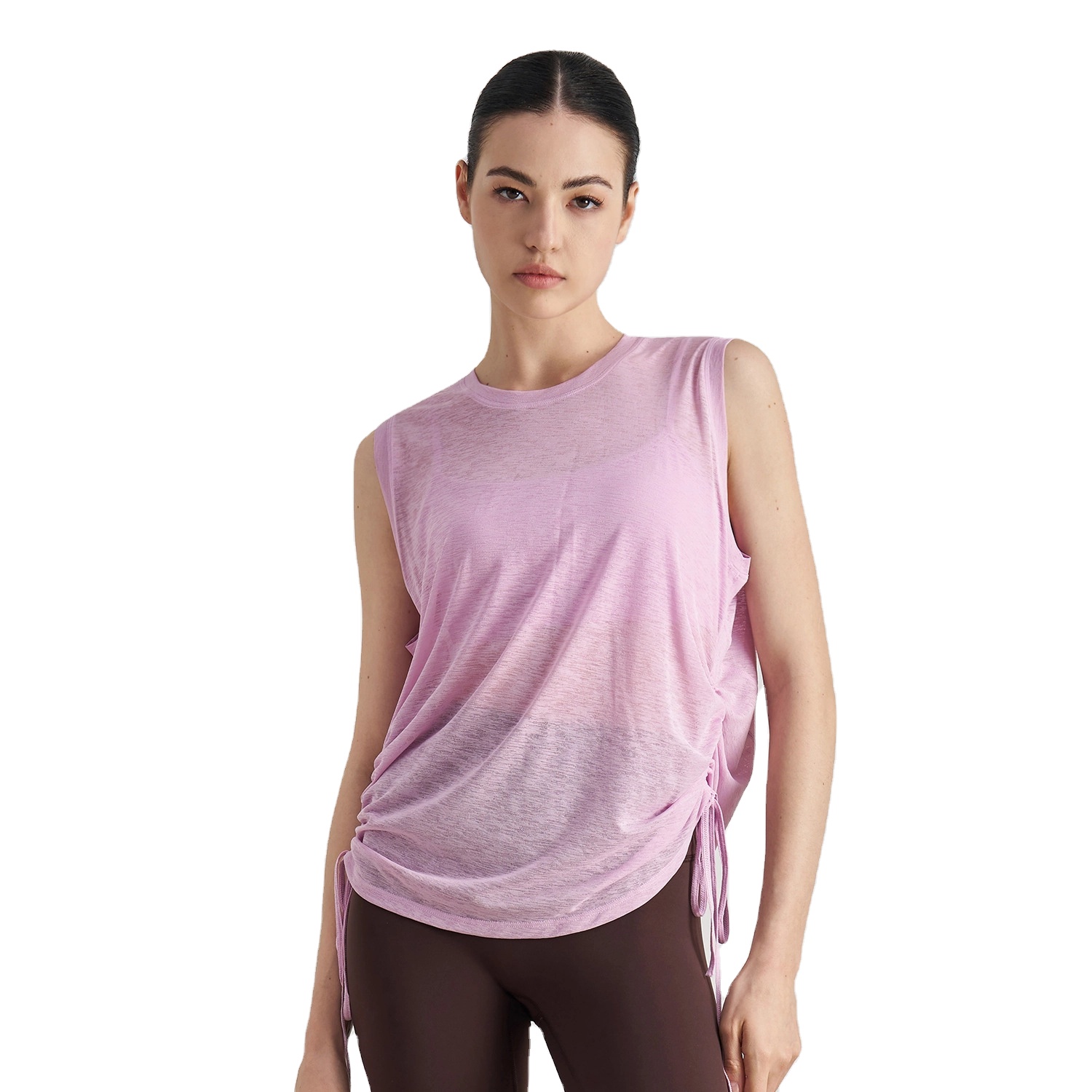 Women's Lightweight Yoga Vest Summer Breathable Sleeveless Sports Top with Drawstring Hem Loose Round Neck Cover-Up