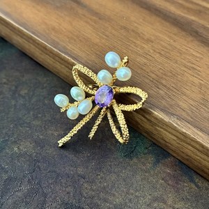 <b>Bow</b> Brooch with Natural Amethyst & Garnet Two Colors Option 18K Gold Plated Copper Freshwater Pearl Lapel Pin Women Apparel Jew - Product Image 4