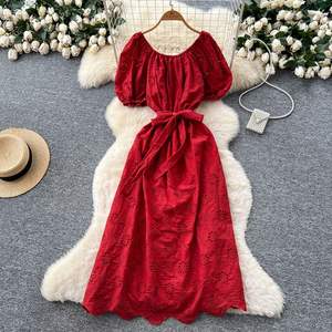 เดรสไหล่เดียวแขนพองสำหรับผู้หญิงในฤดูร้อนมีสายรัดเอวตะขอและดอกไม้แบบกลวง - Product Image 6