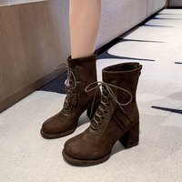 Bottines à lacets pour femmes, talon bloc, en daim extensible, fermeture éclair arrière, style combat, 2 couleurs
