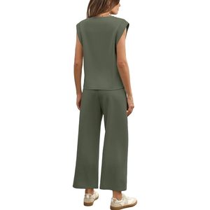 Conjuntos de dos piezas para mujer, informales, de verano, pantalones anchos, conjunto de descanso, sin mangas, cuello redondo, tejido transpirable. - Product Image 5