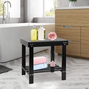 Bamboo <b>Bathroom</b> <b>Stool</b> Adjustable Height Rectangle Footrest For Kids Adults Indoor Use Black Color - Product Image 1
