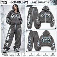 Ensemble assorti décontracté en molleton à capuche 100 % coton épais, coupe ample, avec motif graffiti gris personnalisé et rayures éclair en strass, OEM pour