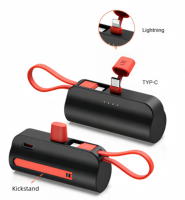 Batterie externe portable mini 5000 mAh DC avec support intégré, 10W, câble intégré, affichage LED, 2 ports Type-C, 1 port USB, Lithium-ion, plastique, Japon