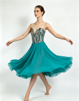 Robe de danse moderne pour femmes, corsage brodé de paillettes, dos en maille nude, jupe midi évidée, costume de spectacle de danse