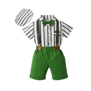 Ensemble de tenues formelles pour garçons Chemise à manches courtes à rayures Noeud papillon à pois Short à bretelles avec bonnet pour anniversaire en plein air - Product Image 1