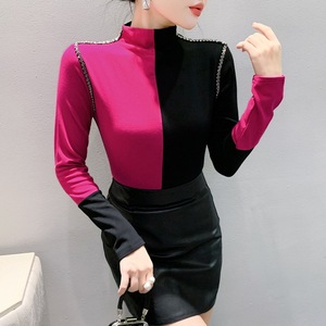 Nouveau haut chic pour <span class=keywords><strong>femme</strong></span>, <span class=keywords><strong>col</strong></span> semi-montant, <span class=keywords><strong>noir</strong></span> et rouge prune, couleurs vives, tendance automne-hiver - Product Image 2