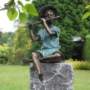 Art Deco Metal Kids Playing Happily Little Girl Sculpture Bronze Statue Girl Flute en Metal