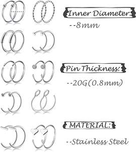 จิวเวอรี่จิวเจาะจมูกทำจากสเตนเลสสตีล20ก. ห่วงจมูกไม่ก่อให้เกิดอาการแพ้ห่วงซิงห่วงเจาะจมูกกระดูกอ่อน - Product Image 4