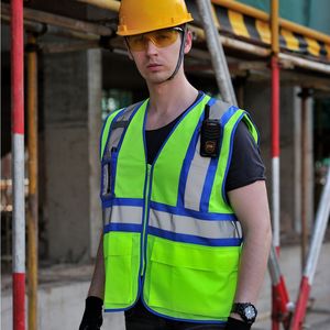 เสื้อกั๊กนิรภัยตาข่ายสองโทนสะท้อนแสงสีฟ้าสีเหลืองพร้อมกระเป๋าชุดทำงานเทปสะท้อนแสง - Product Image 4