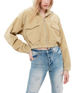<span class=keywords><strong>Veste</strong></span> à capuche courte en <span class=keywords><strong>velours</strong></span> côtelé de coton avec poche plaquée avec logo personnalisé pour les femmes avec cordon de serrage <span class=keywords><strong>veste</strong></span> zippée - Product Image 1