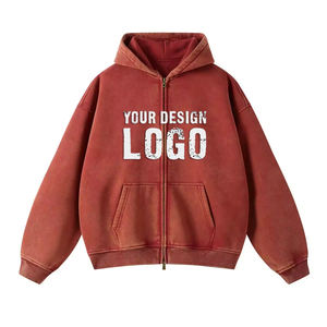 Wholesale Custom 100% Cotton French Terry <b>Zipped</b> Blank Mens <b>Hoodie</b> Street Heavyweight Vintage Acid Washed Hoodies For Men - Product Image 5