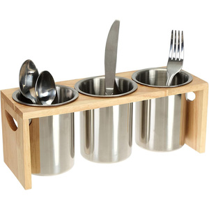 Portaposate in Acciaio Inox con Base in Legno, Organizzatore per Cucchiai, Coltelli e Forchette - Product Image 1