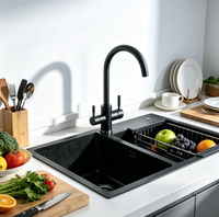 Robinet de cuisine moderne noir mat à double poignée, eau potable directe chaude et froide, mélangeur 3-en-1, robinet 3 voies