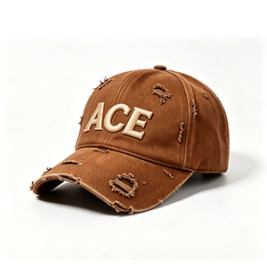 หมวกแก๊ปทรงแด๊ดวินเทจผ้าฝ้ายฟอกแบบดิสเทรส ปักโลโก้ ACE แบบ 3 มิติ  ตกแต่งรอยขาด  หมวกเบสบอลสไตล์สตรีทแวร์  แบบยูนิเซ็กซ์  ทรงซอฟท์ท็อป - Product Image 3