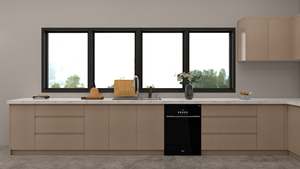 Cuisine moderne en mélamine à grain de bois, îlot en cascade en forme de L avec rangement - Product Image 4