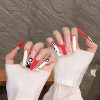 Faux ongles à presser Halloween faits main, longs, forme cercueil, motif goutte de sang, style masque d'horreur, en acrylique avec strass, 10 pièces