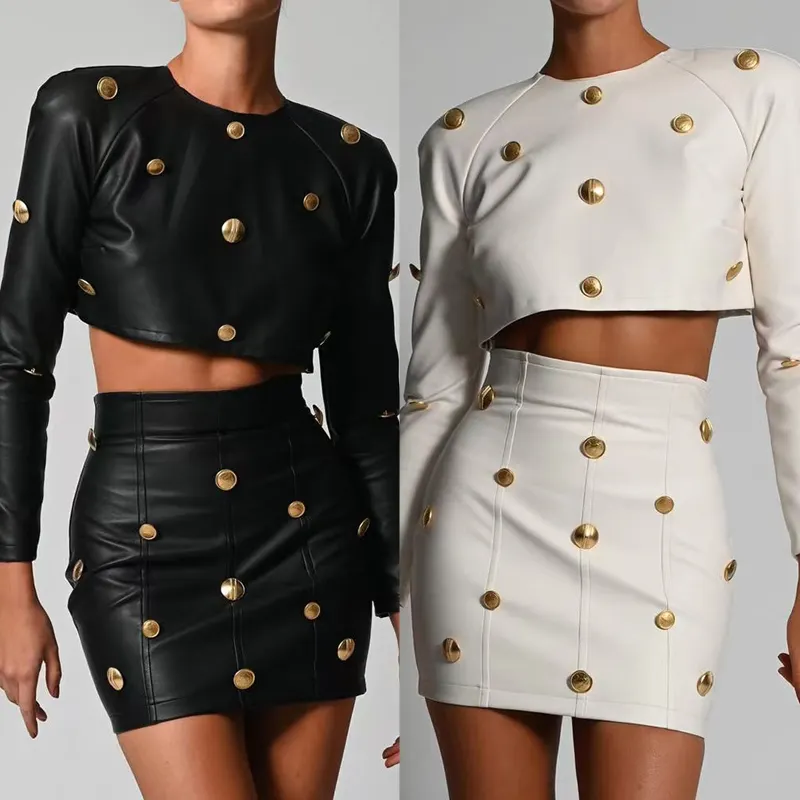 Ladies PU Leather Long Sleeve Short Tops Mini Skirt High Waist Skirt and Tops Sets