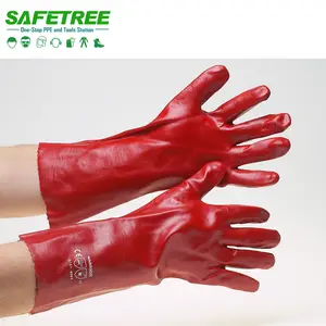 红色PVC蘸开袖口耐化学手套