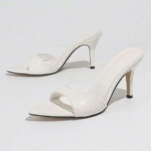 Stilettos de tacón alto blancos de moda con punta en pico y diseño de piedras, de una sola tira, para mujer - Product Image 5