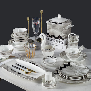 Ensemble de vaisselle en céramique en gros, assiettes et bols en porcelaine blanche de style japonais, fabriqués en porcelaine fine pour la maison - Product Image 1