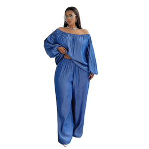 Ensemble deux pièces décontracté pour femme : haut en mousseline à manches longues et pantalon large à la cheville, bleu uni, coupe régulière, respirant, toutes saisons - Product Image 1