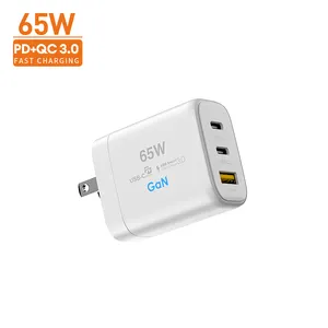 GaN 3 Ports 65W Mobile Cell Phone Fast Travel Charger USB Type C PD Wall Charger With ETL FCC CE CB PSE CCC Certified