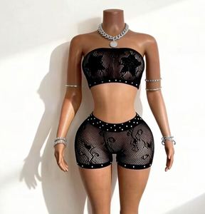 Ensemble de shorts sexy deux pièces pour femmes, tenue de soirée, vêtements de danse <span class=keywords><strong>exotique</strong></span>, haut tube en strass et shorts, lingerie sexy - Product Image 1