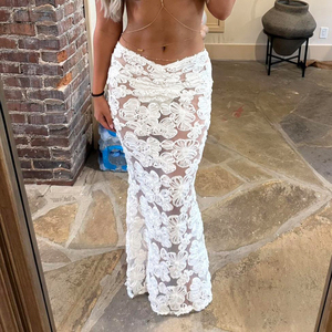 Jupe longue sirène en maille transparente à motifs floraux 3D, style tendance pour les vacances, jupe moulante ajustée mi-longue - Product Image 2