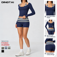 Ensemble de shorts de cyclisme Dingtai pour femme avec ceinture contrastante, haut court à manches longues superposé, effet push-up et contrôle du ventre, idéal pour le pickleball