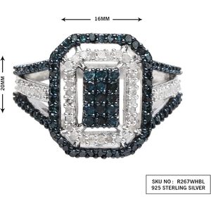 Natural White And Color Enhanced Blue Diamond 925 <b>Silver</b> Rectangle <b>Ring</b> Women's Engagement Geometric Micro Insert - Product Image 2