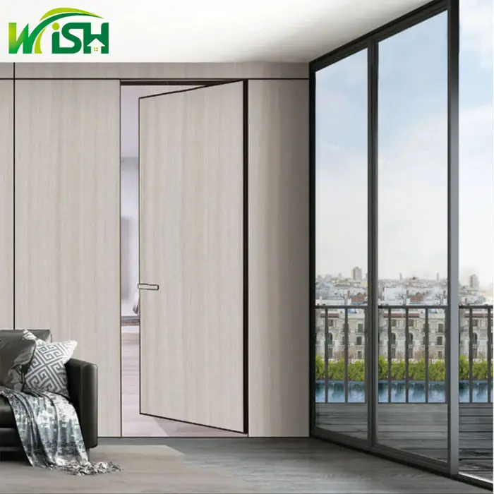 Porta de madeira de alumínio sem moldura para interior estilo moderno WISH Porta de madeira maciça porta giratória invisível