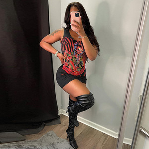 2023 estilo callejero mujeres vestido de <span class=keywords><strong>sol</strong></span> Hip Hop Casual moda gráfico estampado Mini vestidos sin mangas Bodycon ropa - Product Image 4