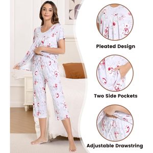 Conjunto de Pijama de Viscosa de Bambú para Mujer al por Mayor, Top de Manga Corta y Pantalones Capri, Ropa de Dormir Suave e Informal para Mujer - Product Image 4