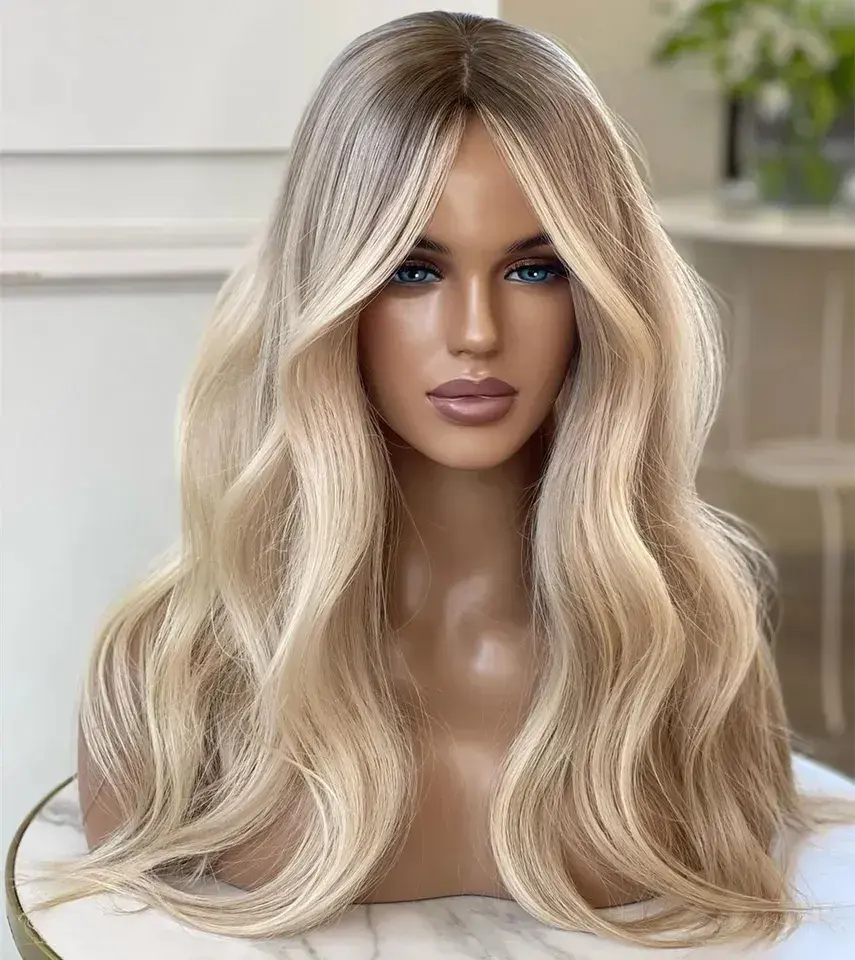 Ash Blonde Highlight Human Hair Wig Grade 14A European Hair Glueless Lace Frontal Double Drawn Small Knot Jewish Kosher Wig